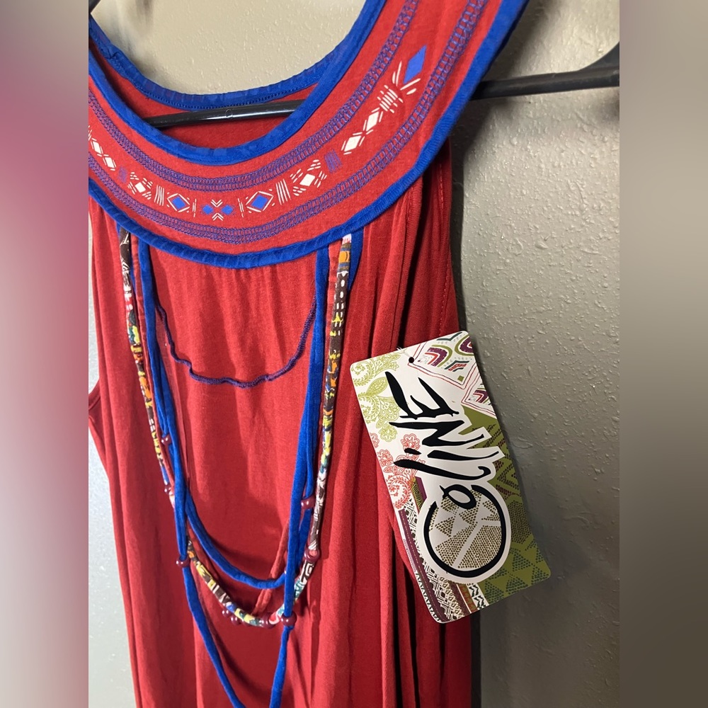 Coline women’s medium dress as tech print rust and blue